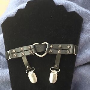 Elastic Black Faux Leather Silver Studded Heart Garter